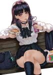  1girl artist_name bag bangs bench black_hair blunt_bangs burger buttons can choker collarbone crazy_straw crossed_legs drinking drinking_straw food french_fries grocery_bag heart_straw highres lips long_hair looking_at_viewer magion02 mole mole_under_eye original pleated_skirt purple_eyes shopping_bag skirt solo thighs white_background 