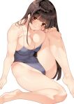  1girl bangs bare_arms bare_shoulders barefoot blue_swimsuit breasts brown_eyes brown_hair cleavage closed_mouth collarbone commentary_request fingernails highleg highleg_swimsuit knee_up large_breasts lips long_hair looking_at_viewer one-piece_swimsuit original saburou_(hgmg) school_swimsuit shiny shiny_hair shiny_skin simple_background sitting smile sweat sweatdrop swimsuit thighs 