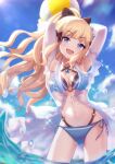  1girl bikini blonde_hair blue_bikini blue_eyes blue_sky breasts elf eyebrows_hidden_by_hair h-moka hair_ornament highres long_hair looking_at_viewer medium_breasts open_mouth pointy_ears princess_connect! saren_(princess_connect!) sky smile solo swimsuit water 