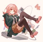  1girl 1other backpack bag bangs black_thighhighs blurry book breasts buttons carrying_bag ciloranko danganronpa_(series) depth_of_field expressionless floating green_jacket hand_on_own_chest highres hood hooded_jacket jacket light_blush long_jacket looking_at_viewer medium_breasts monomi_(danganronpa) nanami_chiaki orange_skirt pink_bag pink_eyes pink_footwear pink_hair puzzle_piece shirt short_hair skirt thighhighs white_background white_shirt 