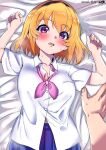  1boy 1girl black_hairband blonde_hair blue_skirt blush breasts collarbone collared_shirt commentary_request dated hairband highres higurashi_no_naku_koro_ni houjou_satoko large_breasts loose_neckerchief lying maebara_keiichi navel neckerchief on_back on_bed onuma_kuma partially_unbuttoned pink_neckerchief pleated_skirt purple_eyes school_uniform shirt short_hair signature skirt st._lucia_academy_school_uniform sweat white_shirt 