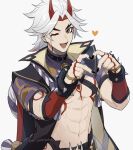  1boy abs arataki_itto belt black_nails bodypaint ear_piercing facepaint fangs fingernails genshin_impact grey_hair heart heart_hands horns japanese_clothes long_hair looking_at_viewer male_focus multicolored_hair o-ring one_eye_closed oni_yakisoba open_mouth orange_eyes piercing red_hair red_horns sharp_fingernails simple_background smile solo toned toned_male twitter_username upper_body vision_(genshin_impact) 