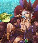  &gt;_&lt; 1boy abs animal_ears animal_hat arabian_clothes artist_name bangs black_headwear bridal_gauntlets brown_shorts cyno_(genshin_impact) dark-skinned_male dark_skin drink drinking_straw ear_piercing food genshin_impact hair_over_one_eye hat holding holding_food hutaba_29 inflatable_toy jackal_ears knee_up looking_at_viewer lying male_focus medium_hair midriff on_back one_eye_covered open_mouth parted_bangs piercing popsicle rabbit red_eyes shorts sidelocks slime_(creature) slime_(genshin_impact) solo stomach swept_bangs teeth twitter_username water white_hair 