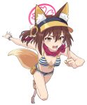  1girl animal_ear_fluff animal_ears bangs bare_arms bare_shoulders bikini blue_archive blush brown_eyes denim denim_shorts fox_ears full_body halo highres izuna_(blue_archive) izuna_(swimsuit)_(blue_archive) looking_at_viewer official_alternate_costume rakura_(rakurax) scarf shorts solo standing standing_on_one_leg string_bikini striped striped_bikini swimsuit tail visor_cap yellow_eyes 