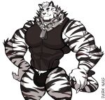  2022 abs absurd_res anthro arknights artist_name barazoku biceps big_muscles bulge chain claws clothed clothing darknaigart dog_tags eyebrows felid fur hair hi_res huge_muscles hypergryph looking_at_viewer male mammal mountain_(arknights) muscular muscular_anthro muscular_male obliques pantherine pecs scar shirt simple_background smile solo standing studio_montagne tank_top thong tiger tight_clothing topwear tuft underwear video_games white_background 