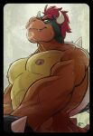  2022 anthro barazoku big_muscles big_pecs black_border bodily_fluids border bowser bracelet breath eyebrows grey_background hair hi_res horn jewelry koopa looking_at_viewer male mario_bros moosetubator muscular muscular_anthro muscular_male musk narrowed_eyes nintendo nipples non-mammal_nipples nude pecs scalie shell signature simple_background smile solo spiked_bracelet spiked_shell spiked_tail spikes spikes_(anatomy) standing sweat teeth video_games 