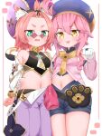  2girls absurdres ahoge animal_ears animal_hands artist_request belly_grab blush cat_ears cat_paws cosplay costume_switch diona_(genshin_impact) diona_(genshin_impact)_(cosplay) dori_(genshin_impact) dori_(genshin_impact)_(cosplay) genshin_impact green_eyes harem_pants hat highres looking_at_viewer looking_over_eyewear machiaato midriff multiple_girls navel pants pink-tinted_eyewear pink_hair shoes smile sunglasses tinted_eyewear wavy_mouth yellow_eyes 