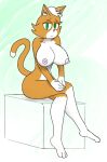  anthro big_breasts breasts crossed_legs domestic_cat feet felid feline felis female green_eyes hands_together hindpaw mammal orange_body owo paws simple_background sitting solo tail_motion thick_thighs trott_on_the_rocks 