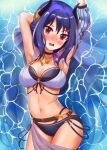  1girl absurdres armpits basketball-yu-11 belt bikini blue_hair blush breasts embarrassed hair_ornament highres horns large_breasts long_hair looking_at_viewer open_mouth presenting_armpit princess_connect! reflection reflective_water rei_(princess_connect!) swimsuit water 