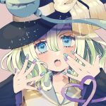  1girl black_headwear blue_eyes blush culotte_(hosenrock) eyeball fang fingernails frilled_sleeves frills green_hair hair_between_eyes hat hat_ribbon heart heart_of_string highres komeiji_koishi long_sleeves medium_hair nail_polish open_mouth ribbon shirt skin_fang solo third_eye touhou upper_body wide_sleeves yellow_ribbon yellow_shirt 