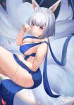  1girl animal_ear_fluff animal_ears azur_lane bangs bare_arms bare_legs bare_shoulders blue_dress blue_eyes blush bob_cut breasts cafenami closed_mouth cocktail_dress crossed_legs dress dutch_angle eyebrows_hidden_by_hair falling_petals fox_ears fox_girl fox_tail from_side glint hand_on_own_cheek hand_on_own_face hand_on_own_thigh head_rest head_tilt highres kaga_(azur_lane) kaga_(exalted_white_wings)_(azur_lane) kitsune kyuubi large_breasts looking_at_viewer medium_hair multiple_tails official_alternate_costume petals revealing_clothes revision short_hair sideboob sidelocks sitting sleeveless sleeveless_dress solo tail thighs twitter_username white_hair white_tail 