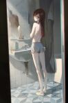  1girl absurdres back bangs bare_legs barefoot bathroom bathtub blue_eyes blush bottle curtains dino_(dinoartforame) dolphin_shorts faucet from_behind full_body head_tilt highres indoors legs long_hair looking_at_viewer looking_back makise_kurisu mirror parted_lips red_hair reflection short_shorts shorts sink solo standing steins;gate tile_wall tiles topless v-shaped_eyebrows 