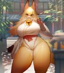  2022 4_fingers absurd_res anthro asian_clothing big_breasts blep blonde_hair blush breasts brown_body brown_fur canid canine claws clothing east_asian_clothing female female_anthro finger_claws fingers fox fur gloves_(marking) hair hi_res high_cut_miko_outfit japanese_clothing kemono leg_markings long_hair mammal markings miko_outfit multicolored_body multicolored_fur pawpads paws portrait red_eyes shrine socks_(marking) solo tan_body tan_fur thick_thighs three-quarter_portrait tongue tongue_out utterangle white_body white_fur wide_hips 