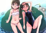  2girls amasawa_yuuko arm_up armpits bikini brown_eyes brown_hair casual_one-piece_swimsuit dennou_coil dog fish frilled_bikini frills frown goggles grass hand_on_own_forehead knee_up long_hair looking_at_viewer lying multiple_girls navel okonogi_yuuko on_back one-piece_swimsuit sasaki_bullet short_hair sitting smile swimsuit twintails water 