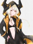  blonde_hair gizamond hair_between_eyes hands_on_hips highres hood karenina_(punishing:_gray_raven) looking_at_viewer multicolored_clothes navel open_clothes punishing:_gray_raven short_hair simple_background smile yellow_eyes 