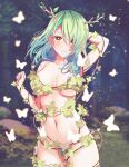  1girl antlers blush branch breasts bug butterfly ceres_fauna collarbone covering flower green_hair highres hololive hololive_english large_breasts leaf looking_at_viewer mole mole_under_eye navel nude_cover plant sk_jynx solo vines virtual_youtuber yellow_eyes 
