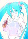  1girl aqua_eyes aqua_hair bare_arms bottle breasts camisole collarbone colored_eyelashes drinking_straw fingernails glass_bottle hair_between_eyes hatsune_miku highres holding holding_bottle long_fingernails long_hair looking_at_viewer navel number_tattoo parted_lips see-through see-through_shirt shell_hair_ornament shirt sleeveless sleeveless_shirt small_breasts solo swimsuit tattoo tsukihara_gaku2 twintails upper_body vocaloid white_shirt 