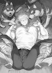 1boy absurdres animal bangs bara belt boots breasts cleavage clenched_teeth closed_eyes dog granblue_fantasy greyscale highres large_pectorals legs_up lying migi_(mm86262394) monochrome muscular muscular_male on_back pants pectorals shirt short_hair teeth vane_(granblue_fantasy) 