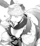  2boys animal_ears bangs bara closed_eyes fur_collar gran_(granblue_fantasy) granblue_fantasy greyscale hand_on_another&#039;s_head headpat highres jacket large_pectorals male_focus migi_(mm86262394) monochrome mouth_hold multiple_boys muscular muscular_male official_alternate_costume pants pectorals short_hair smile solo_focus squatting tail tank_top translated vane_(granblue_fantasy) vane_(halloween)_(granblue_fantasy) wolf_boy wolf_ears wolf_tail 