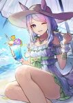  1girl absurdres arm_garter bare_shoulders beach beach_umbrella breasts cloud cup dress ears_through_headwear feet_out_of_frame hands_up hat highres holding holding_cup holding_spoon horse_girl jewelry long_hair looking_at_viewer low_twintails mejiro_mcqueen_(ripple_fairlady)_(umamusume) mejiro_mcqueen_(umamusume) necklace one_eye_closed open_mouth outdoors purple_eyes purple_hair sand shino_sto sitting sleeveless sleeveless_dress small_breasts smile solo spoon sun_hat thighs twintails umamusume umbrella water white_dress yokozuwari 
