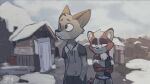  ailurid anthro brown_body brown_fur canid canine canis chest_tuft coyote fur greybite inner_ear_fluff male mammal orange_body orange_fur ragged_clothing red_panda snow snowing story story_in_description tuft village white_body white_fur 