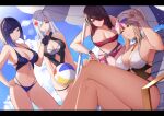  4girls absurdres ball bangs bare_arms bare_legs beach_chair beach_umbrella beachball beidou_(genshin_impact) bikini black_hair blonde_hair blue_bikini blue_eyes blue_sky bracelet breasts choker cleavage cloud crossed_legs diagonal_bangs eyepatch eyewear_on_head flower food genshin_impact gloves green_eyes grin hair_flower hair_ornament hair_over_one_eye half_gloves halter_top halterneck hand_on_hip hibiscus highres holding holding_ball holding_beachball holding_food jewelry large_breasts leaning_forward letterboxed long_hair looking_at_another looking_at_viewer multiple_girls ningguang_(genshin_impact) one-piece_swimsuit one_eye_closed open_mouth outdoors pnatsu popsicle red_eyes red_flower shenhe_(genshin_impact) sitting sky smile standing swept_bangs swimsuit tassel tassel_hair_ornament thigh_strap umbrella white_hair yelan_(genshin_impact) 