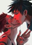  2boys absurdres akihir0_kat0 arm_tattoo bangs black_hair black_nails closed_eyes commentary couple extra_eyes extra_teeth extra_tongue eyelashes facial_tattoo facing_another fingernails french_kiss fushiguro_megumi hand_mouth high_collar highres jacket jujutsu_kaisen kiss looking_at_another male_focus multiple_boys neck_tattoo pink_hair red_eyes red_theme ryoumen_sukuna_(jujutsu_kaisen) saliva saliva_trail sharp_fingernails short_hair shoulder_tattoo spiked_hair tattoo tongue tongue_out tongue_tattoo undercut yaoi 