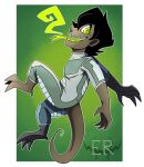  artist_logo black_hair border forked_tongue green_eyes green_tongue grey_body grey_tail hair humanoid imperatorcaesar logo male open_mouth open_smile simple_background smile solo tongue tongue_out white_border 