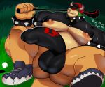  2022 absurd_res anthro armband baconking ball balls balls_outline barazoku big_balls big_bulge big_muscles big_pecs big_penis bowser bowser_day bracelet bulge claws clothed clothing collar crop_top dated detailed_bulge english_text erect_nipples erection erection_under_clothing eyebrows footwear genital_outline genitals golf golf_ball golf_club grass hair hat headgear headwear hi_res holding_object horn huge_balls huge_bulge huge_muscles huge_pecs huge_penis humanoid_genitalia humanoid_penis ineffective_clothing jewelry koopa lying male mario_bros muscular muscular_anthro muscular_male nintendo nipples non-mammal_balls non-mammal_nipples on_back outside pecs penis penis_outline plant scalie shirt shoes solo spiked_armband spiked_bracelet spiked_collar spikes sport tenting text thick_penis thick_thighs thong topwear underwear video_games 