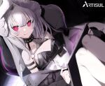  1girl arm_strap artisul bare_shoulders chair closed_mouth clothes_writing collarbone copyright_name drawing_tablet dutch_angle english_text fingernails grey_hair hair_between_eyes highres holding holding_drawing_tablet holding_stylus horns jacket long_hair looking_at_viewer padded_jacket pantyhose purple_eyes red_pupils sitting sleeves_past_wrists smile solo stylus tongue tongue_out white_horns white_pantyhose zi_terani zipper zipper_pull_tab 