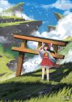  1girl :d absurdres bird bow brown_eyes brown_hair cezhan_renoude chinese_commentary cliff cloud commentary copyright day detached_sleeves floating_hair frilled_bow frilled_hair_tubes frills grass hair_bow hair_tubes hakurei_reimu hand_up highres long_hair looking_at_viewer mountain open_mouth outdoors path red_bow red_skirt red_vest ribbon-trimmed_skirt ribbon-trimmed_sleeves ribbon_trim rock scenery skirt skirt_set sky smile socks solo standing teeth torii touhou upper_teeth vest white_sleeves white_socks wide_shot wide_sleeves 