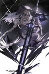  android bianca_(punishing:_gray_raven) blonde_hair braid braided_ponytail dark_background fighting_stance hair_ornament highres holding holding_weapon long_hair looking_at_viewer mole mole_under_eye ponytail punishing:_gray_raven purple_eyes weapon wen54 white_background 