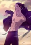  1boy abs bare_shoulders belt blurry blurry_foreground brown_hair brown_pants collarbone cowboy_shot eren_yeager green_eyes highres jacket jacket_partially_removed looking_to_the_side male_focus medium_hair muscular muscular_male outdoors pants pectorals shingeki_no_kyojin short_ponytail solo spykeee twitter_username wind 