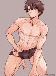  1boy abs bangs black_hair black_male_underwear blue_eyes boxer_briefs closed_mouth fate/grand_order fate_(series) fujimaru_ritsuka_(male) grey_background highres kamenakake kneeling looking_at_viewer male_focus male_pubic_hair male_underwear male_underwear_pull muscular muscular_male navel nipples pectorals pubic_hair pulled_by_self short_hair simple_background solo twitter_username underwear 