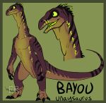  anthro bayou_(imperatorcaesar) black_body black_stripes black_tail border brown_body brown_tail dinosaur featureless_crotch front_view glistening glistening_eyes green_background green_body green_border green_tongue head_spikes imperatorcaesar male markings neck_spikes nude open_mouth purple_body purple_tail reptile scalie simple_background solo spikes spikes_(anatomy) standing striped_arms striped_legs striped_markings striped_neck striped_tail stripes tail_markings teeth tongue 