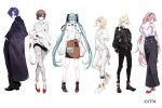  2boys 4girls ;o ahoge ankle_boots aqua_eyes aqua_hair aqua_nails arms_behind_back bag bangs bell-bottoms belt belt_collar bespectacled black_belt black_choker black_coat black_collar black_footwear black_hairband black_pants black_ribbon black_shirt blonde_hair blue_eyes blue_hair boots brown_eyes brown_footwear brown_hair brown_skirt center_frills choker coat collar copyright crew_neck cross-laced_footwear crossed_bangs crossed_legs earrings fanny_pack fashion frills from_side full_body glasses grey_pants hair_ornament hair_ribbon hairband hairclip half_updo hand_in_pocket hand_on_hip hatsune_miku high-waist_pants high_heels highres jacket jewelry kagamine_len kagamine_rin kaito_(vocaloid) lace-up_boots lace_trim lapels long_hair long_sleeves looking_at_viewer looking_to_the_side low_ponytail maimuro megurine_luka meiko multiple_boys multiple_girls necklace off-shoulder_shirt off-shoulder_sweater off_shoulder official_art one_eye_closed overalls oversized_clothes pants parted_lips pencil_skirt pink_footwear pink_hair plaid plaid_shirt platform_footwear puffy_long_sleeves puffy_short_sleeves puffy_sleeves red_footwear ribbon round_eyewear scrunchie shirt short_hair short_ponytail short_sleeves shoulder_bag simple_background single_earring skirt sleeves_past_wrists smile socks straight-on sweater sweatshirt swept_bangs torn_clothes torn_pants turtleneck twintails vocaloid watson_cross white_background white_belt white_footwear white_jacket white_overalls white_shirt white_sweater wide_sleeves yellow_nails zipper 