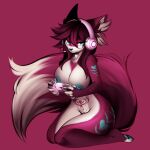  2022 absurd_res anthro big_breasts blue_eyes breasts canid canine controller curvy_figure ear_piercing female fox fur game_controller gaming genitals headgear headphones hi_res holding_object inner_ear_fluff kneeling looking_at_viewer magenta_fur mammal markings mega_moppa nipple_piercing nipples nude piercing pussy rose_the_foxxo simple_background smile solo tuft womb_tattoo 