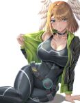  1girl absurdres bangs black_choker blonde_hair blue_eyes blush bodysuit breasts choker cleavage covered_navel eunie_(xenoblade) head_wings highres large_breasts lips long_sleeves looking_at_viewer medium_hair nemunemu_semi parted_lips solo thighs white_background xenoblade_chronicles_(series) xenoblade_chronicles_3 