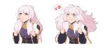  1girl absurdres anger_vein angry clenched_teeth cropped_torso english_commentary fire_emblem fire_emblem:_three_houses fire_emblem_warriors:_three_hopes frown highres long_hair norue pink_eyes pout simple_background spoken_anger_vein tearing_up teeth white_background white_hair wide_sleeves 