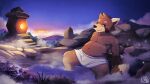  anthro belly blush bodily_fluids brown_body bulge claws cloud dawn_(disambiguation) detailed_background detailed_bulge fluffy fluffy_tail green_eyes hi_res hot_spring looking_at_viewer male mammal markings navel outside procyonid raccoon risenpaw slightly_chubby smile solo steam sweat towel water wet wet_body 