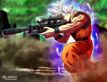  1boy absurdres aiming aura dragon_ball dragon_ball_super fortnite gun highres holding holding_gun holding_weapon muscular muscular_male one_eye_closed one_knee out_of_character outdoors pea-bean rifle sniper_rifle solo son_goku twitter_username ultra_instinct weapon white_hair 