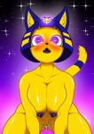  absurd_res animal_crossing ankha_(animal_crossing) ankha_zone anthro big_breasts biped blush bodily_fluids breasts cum cum_inside digital_media_(artwork) domestic_cat egyptian felid feline felis female genital_fluids genitals hair hi_res hypnotic_eyes lipstick looking_at_viewer magic makeup mammal nintendo nipples nude open_mouth pussy simple_background sockodrawing solo star video_games yellow_body 