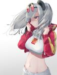  1girl absurdres animal_ears arknights breasts commentary crop_top cropped_jacket eyewear_on_head feater_(arknights) feater_(gourmet)_(arknights) gradient gradient_background grey_background grey_hair groin highres jacket kakakaeru large_breasts long_hair midriff navel official_alternate_costume open_clothes open_jacket panda_ears red_eyes red_jacket shirt solo stomach sunglasses t-shirt upper_body white_background white_shirt 