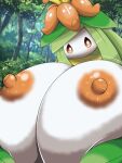  areola big_breasts blush breasts female green_hair hair huge_breasts humanoid hyper hyper_breasts lilligant nintendo nipples norio_(pheromosa_times) orange_areola orange_eyes orange_nipples pok&eacute;mon pok&eacute;mon_(species) pupils solo video_games white_body white_pupils 