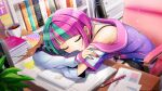  1girl bare_shoulders black_skirt bob_cut bookshelf chair coffee_cup copyright cup disposable_cup dolphin_wave ear_piercing game_cg green_hair helly_lewis highres multicolored_hair notebook notepad off_shoulder official_art pen pencil_skirt piercing pink_hair sitting skirt sleeping solo tagme two-tone_hair 