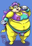  2016 anthro archie_comics asian_clothing belly big_belly big_breasts bottomwear bracelet breasts cleavage clothed clothing ear_piercing ear_ring east_asian_clothing female gloves hair handwear herpestid hi_res holding_microphone holding_object japanese_clothing jewelry long_hair looking_at_viewer mammal mawashi microphone mina_mongoose mongoose navel obese obese_anthro obese_female open_mouth overweight overweight_anthro overweight_female piercing purple_hair ring_piercing royaljellysandwich sega singing solo sonic_the_hedgehog_(archie) sonic_the_hedgehog_(comics) sonic_the_hedgehog_(series) standing sumo sumo_wrestler teeth tongue topwear wide_eyed yellow_body 