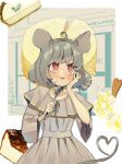 1girl ahoge alternate_costume animal_ears blush cake commission culotte_(hosenrock) dress food grey_dress grey_hair highres holding holding_spoon mouse_ears mouse_tail nazrin open_mouth red_eyes short_hair short_sleeves skeb_commission solo spoon tail touhou 