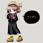 1girl alternate_costume black_jacket black_socks blush brown_eyes buttons earmuffs flower full_body grey_background jacket light_brown_hair motion_lines one_eye_closed open_mouth pointy_hair see-through see-through_skirt shoes short_hair simple_background skirt sleeves_past_wrists smile socks solo touhou toyosatomimi_no_miko yellow_flower yt_(wai-tei) zipper zipper_pull_tab 