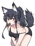  1girl animal_ears arknights bangs bare_shoulders black_shirt black_shorts breasts cleavage food food_in_mouth highres long_hair ponytail popsicle shirt shorts simple_background sleeveless sleeveless_shirt solo tail texas_(arknights) white_background wl217_(nicexa111) wolf_ears wolf_girl wolf_tail yellow_eyes 