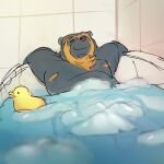  2022 anthro bathing bathtub belly black_body convenient_censorship eyes_closed hi_res inside lentejota6 male mammal nipples overweight overweight_male rubber_duck solo spectacled_bear tremarctine ursid water 